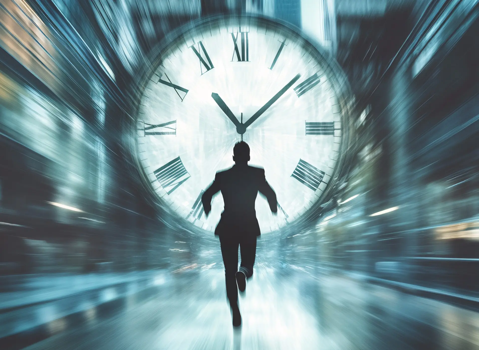 Figura che corre verso un grande orologio, simbolo della fretta e dell’urgenza